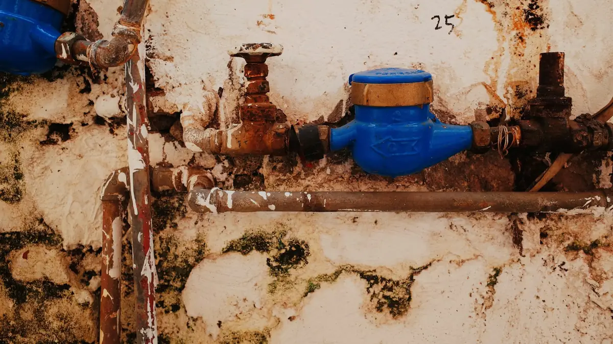 A rusty water meter and valves on a stained wall - Basement Leak Detection in Revere